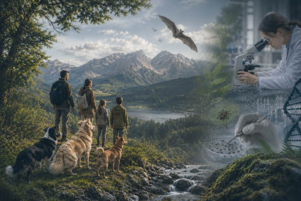 HEART project-illustration featuring people, animals and scientific elements highlighting the connection between human, animal and environmental health.